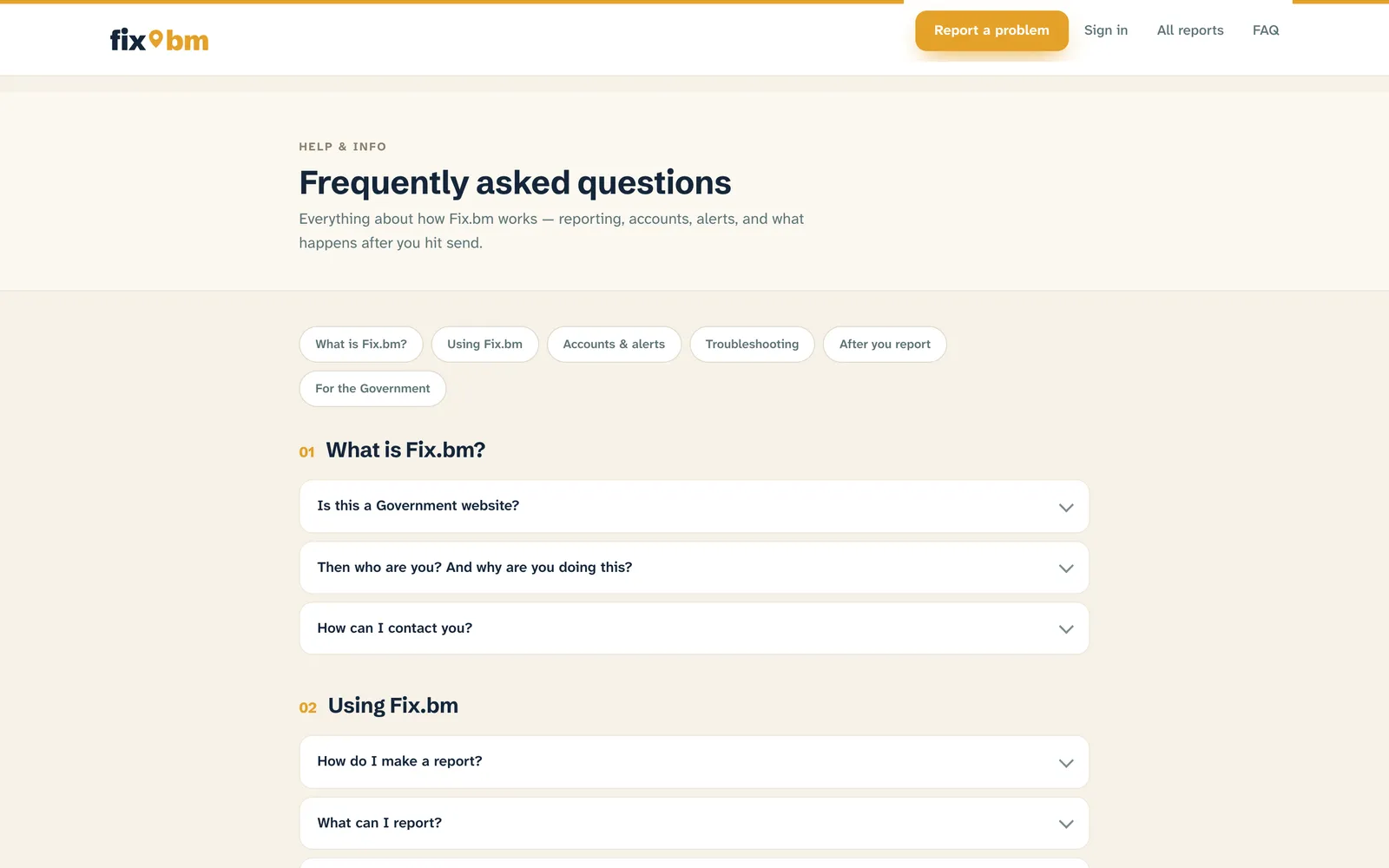 The fix.bm FAQ, starting with Is this a Government website?