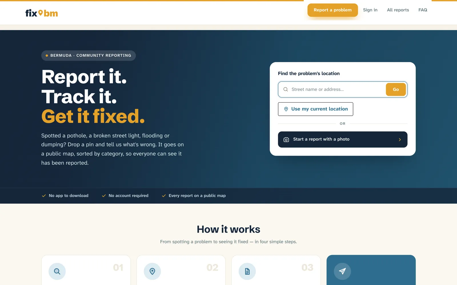 The fix.bm home page: Report it. Track it. Get it fixed. A search box for the problem's location, a button to use your current location, and Start a report with a photo