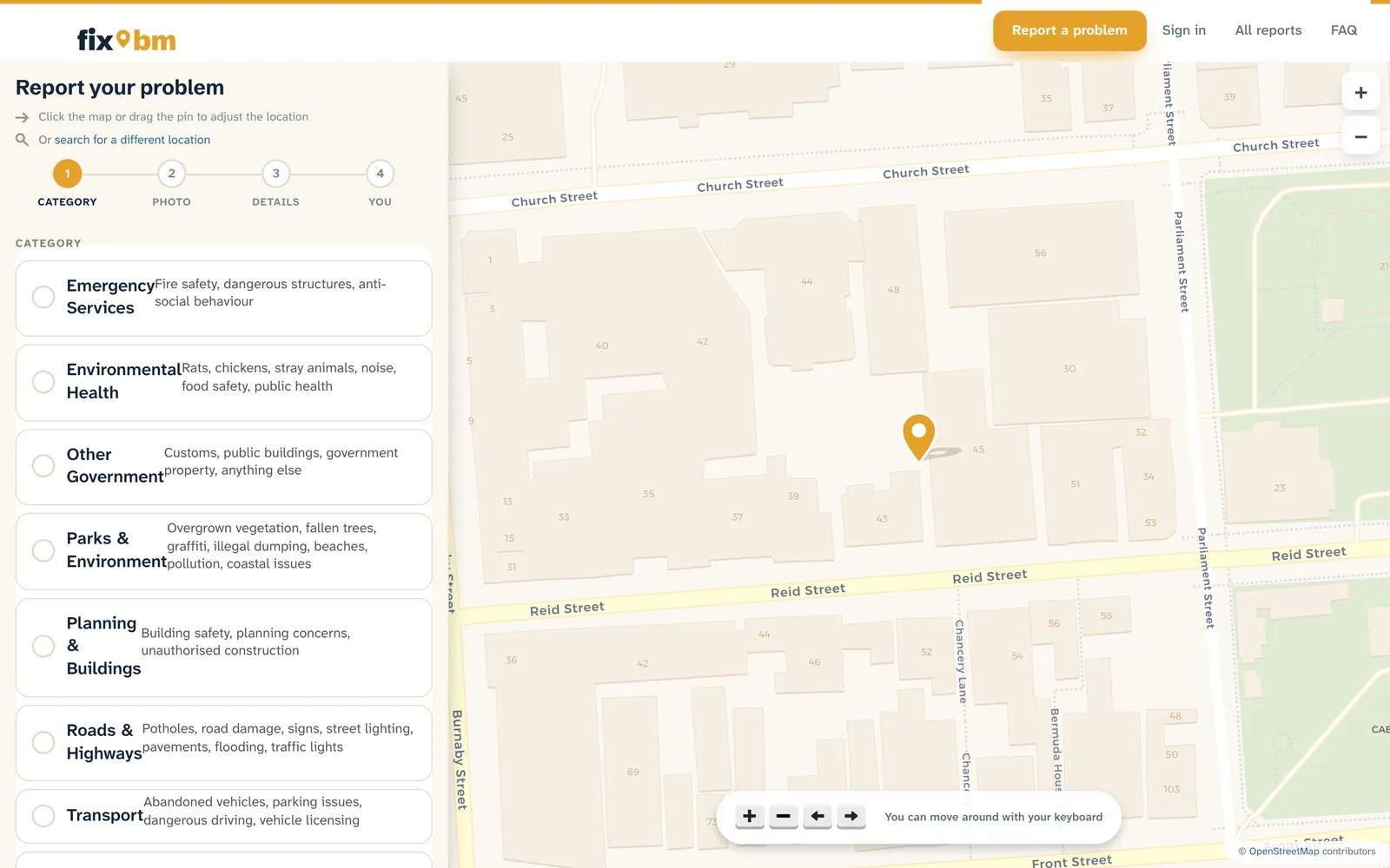 The new report form on fix.bm: a pin on the map in Hamilton and the category step, with groups from Emergency Services to Transport