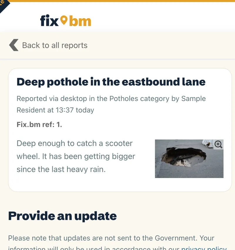 A sample report: Deep pothole in the eastbound lane, with its photo, category and reference
