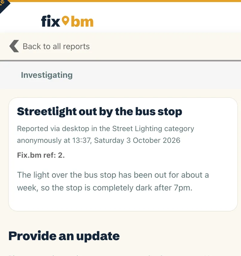 A sample report marked Investigating: Streetlight out by the bus stop, reported anonymously