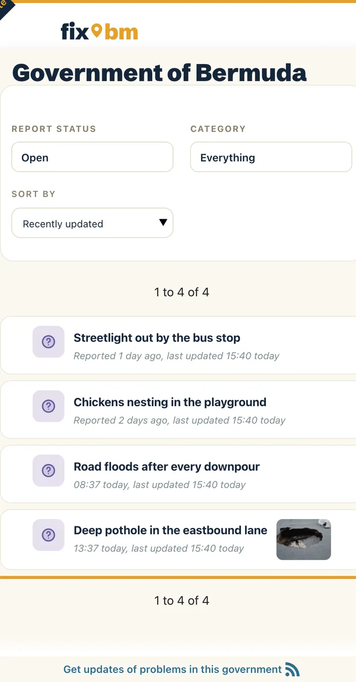 The report list: streetlight, chickens in the playground, road flooding and the pothole, newest first