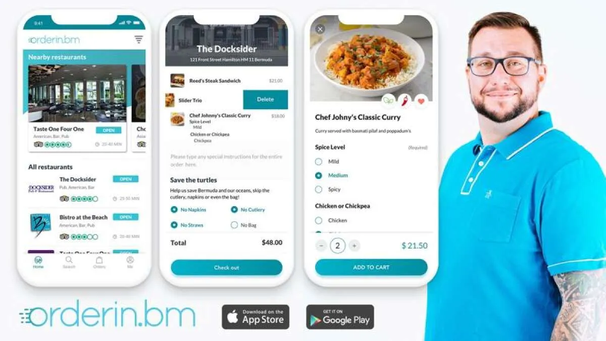 Three phone screens from the Orderin.bm app, showing nearby restaurants, a menu and a dish, next to a photograph of Chris Bennett.