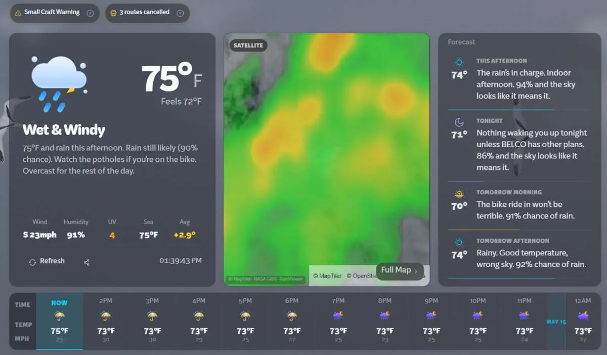 The Wopnin dashboard: current conditions for Bermuda, a rain radar over the island, and the afternoon forecast.