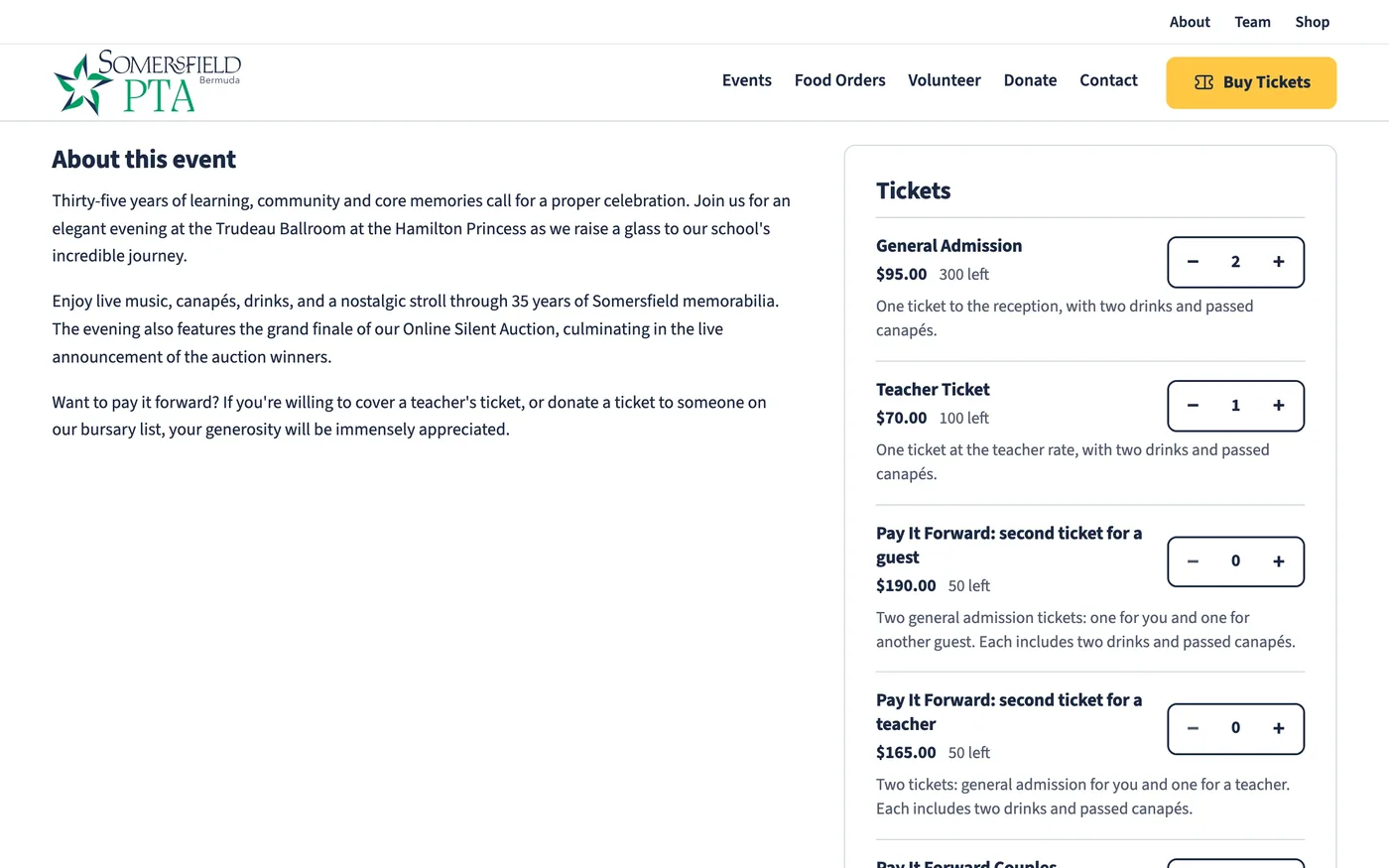 Buying gala tickets on a computer: two General Admission and one Teacher Ticket chosen, with the tickets left in each tier