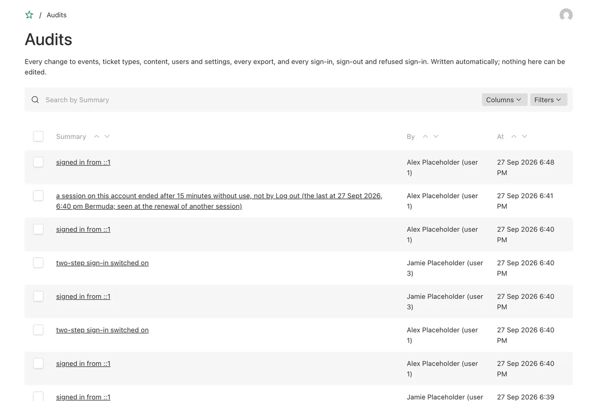 The audit list: sign-ins, changes and exports, each with who and when