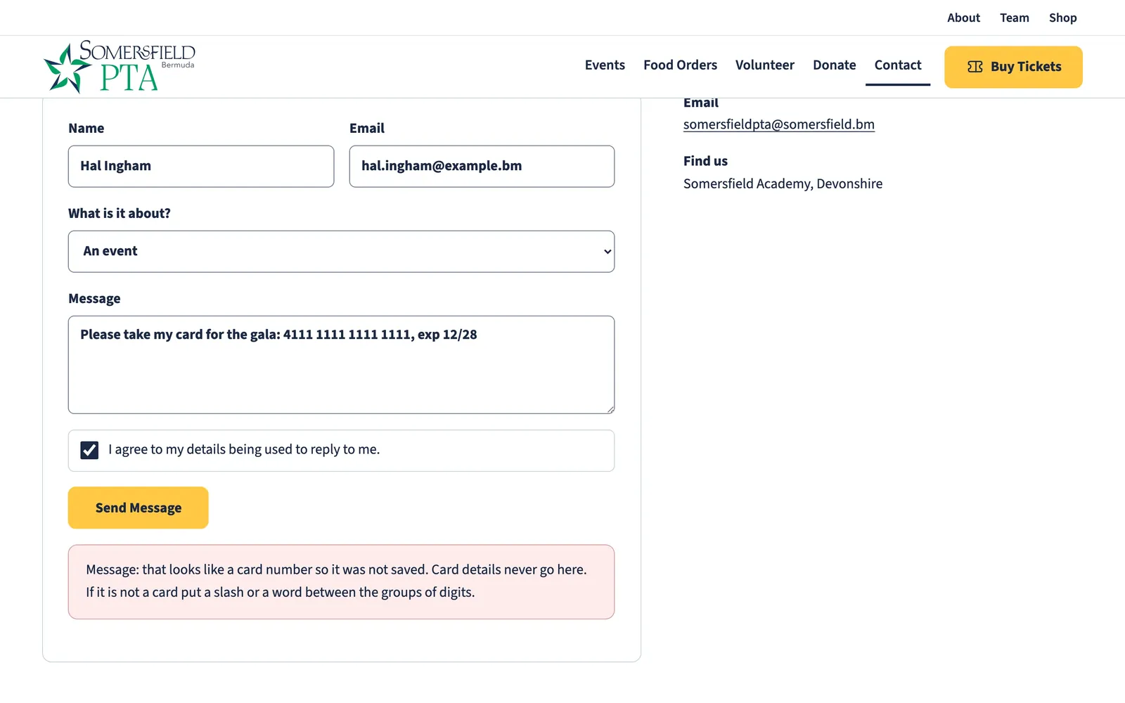 The contact form refusing a message with a test card number in it: card details never go in this box
