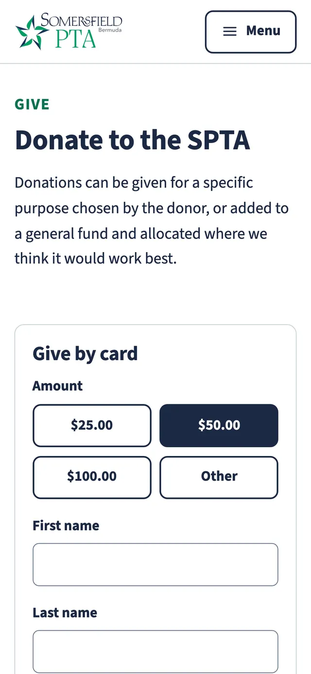 Donate to the SPTA on a phone, with amounts of $25, $50, $100 or other
