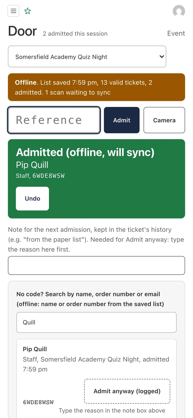 Door check-in offline: an amber banner, and a guest admitted offline that will sync