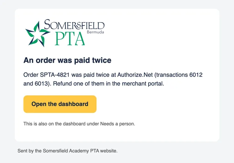 Alert email: an order was paid twice at Authorize.Net, refund one of them in the merchant portal