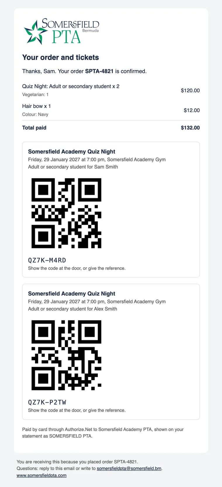 The receipt email for Somersfield Academy Quiz Night, with a QR code for each ticket
