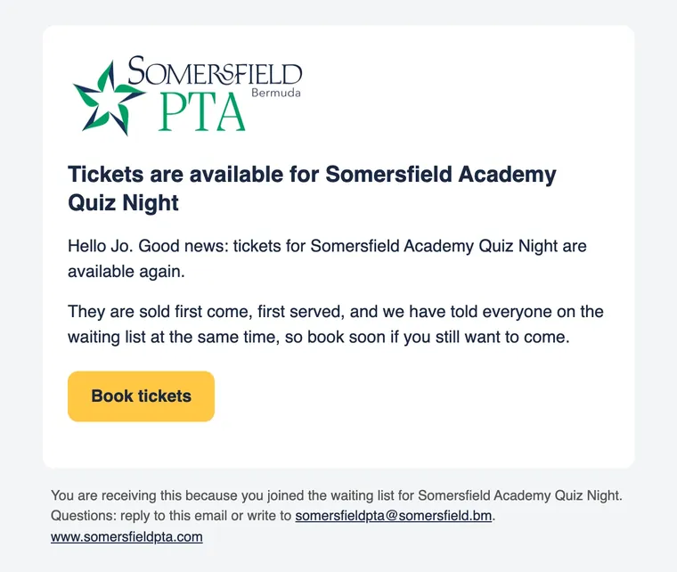 Email: tickets are available for Somersfield Academy Quiz Night, sold first come, first served, with a Book tickets button