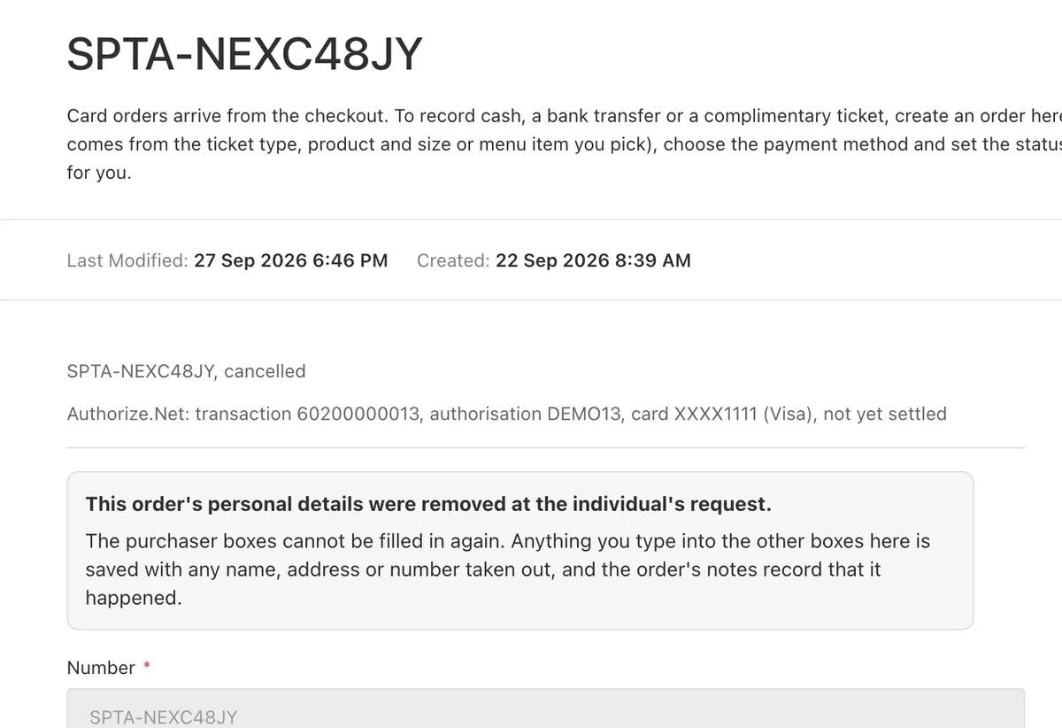 An order after Remove personal details: the buyer's details gone, the amounts and status kept