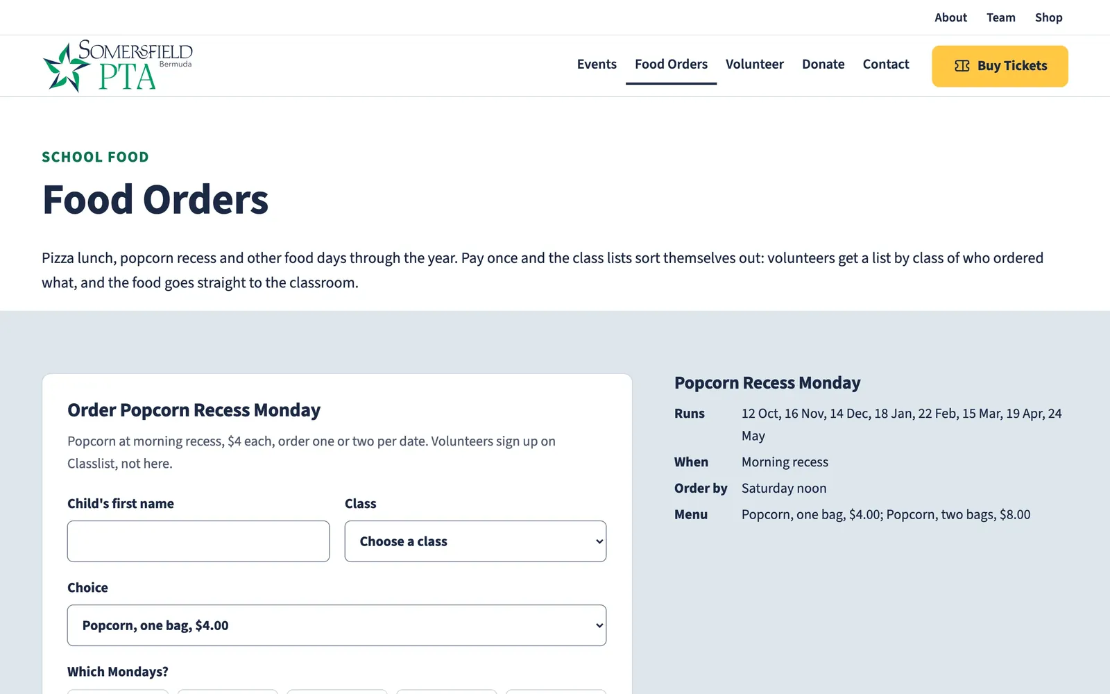 Food Orders: ordering Popcorn Recess Monday for a child by first name and class, with the term's dates beside it