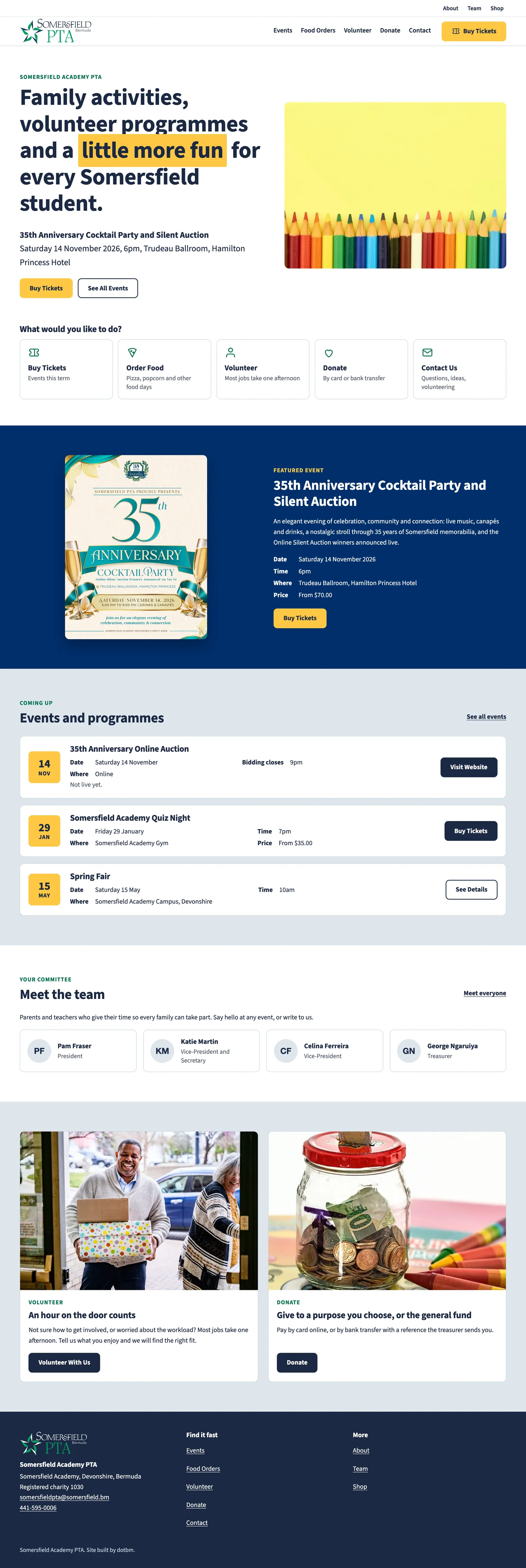 The Somersfield Academy PTA home page from top to bottom: the 35th Anniversary Cocktail Party with Buy Tickets, shortcuts to order food, volunteer, donate and get in touch, upcoming events, the shop and the footer