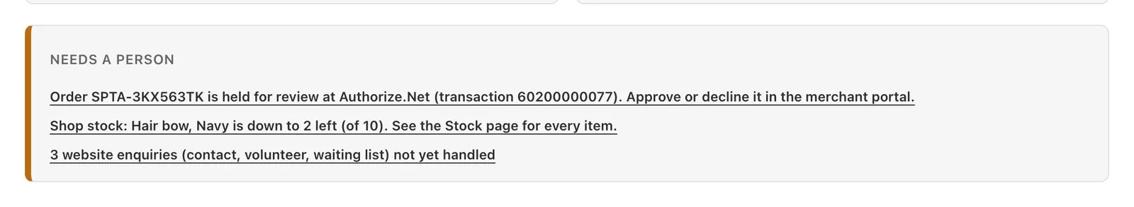 Needs a person: an order held for review at Authorize.Net, a hair bow down to 2 left, and 3 website enquiries not yet handled