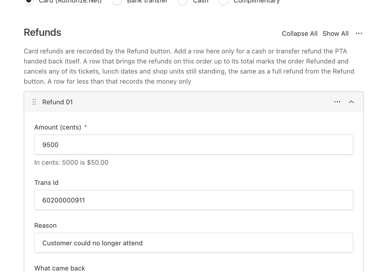 An order's refunds panel, recording a part refund and the ticket it covered