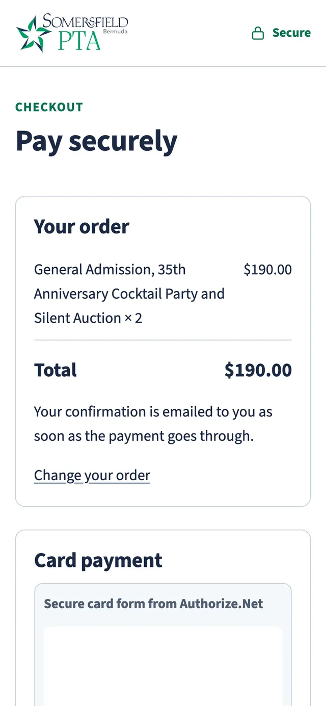 Pay securely on a phone: the order total, then the card payment area left for Authorize.Net's own form