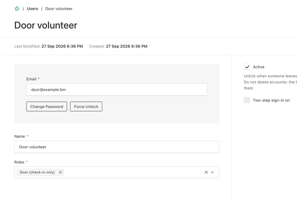 A user set to Door, check-in only