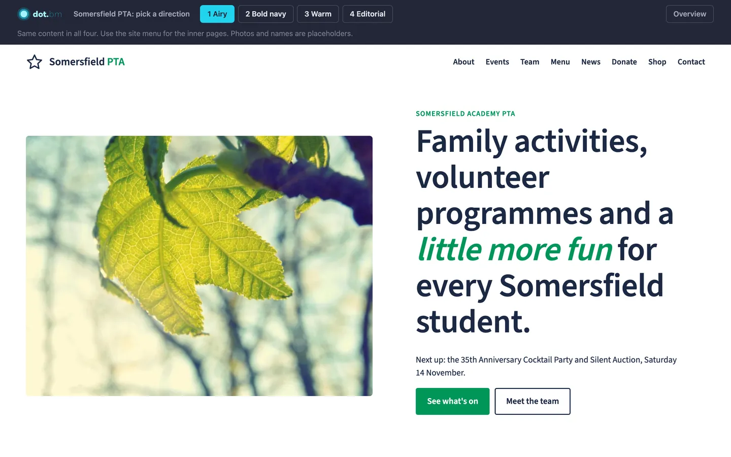 Round one: Airy, the first design round's home page