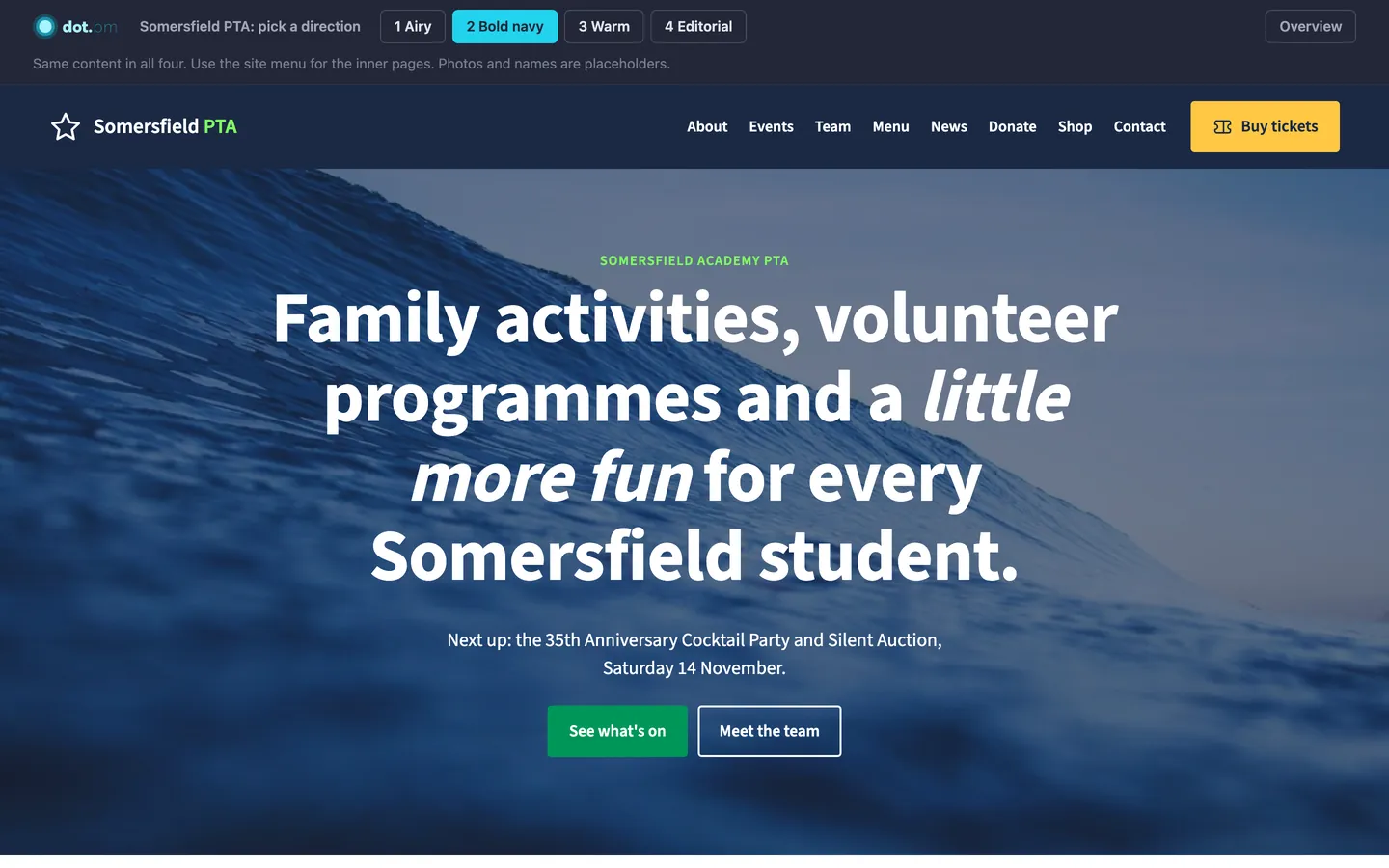 Round one: Bold navy, the first design round's home page