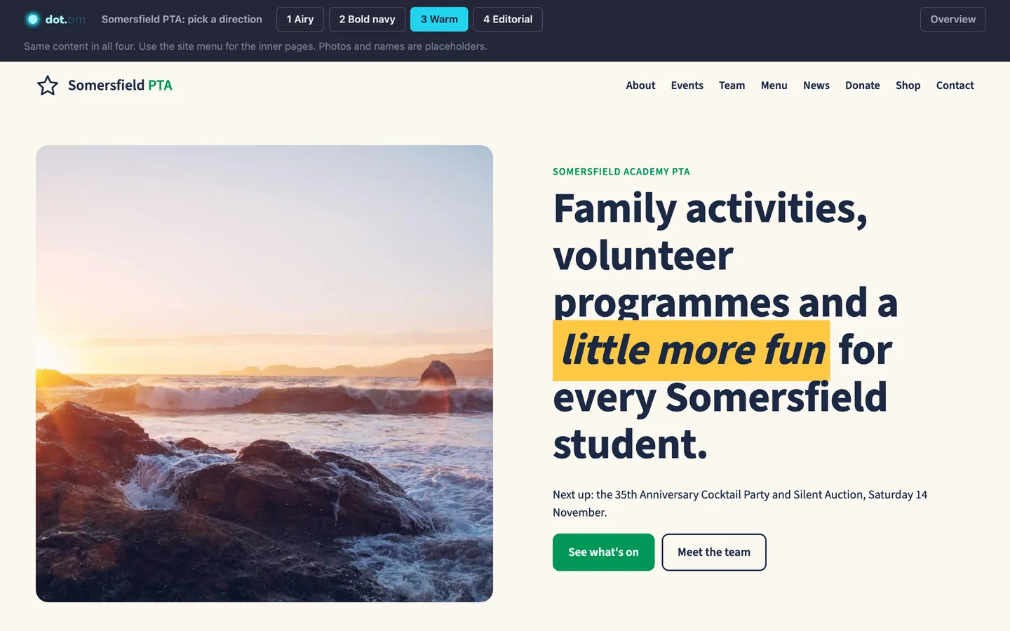 Round one: Warm, the first design round's home page