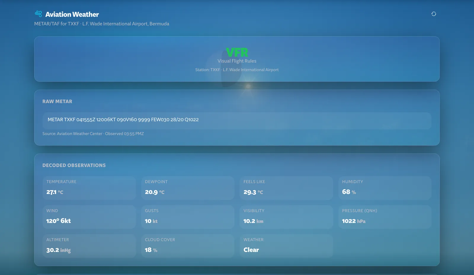 Aviation Weather for TXKF: visual flight rules, the raw METAR and the decoded observations