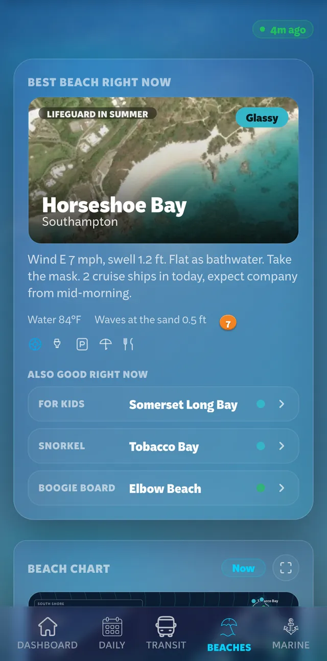 Best beach right now at phone width: Horseshoe Bay, glassy, with Somerset Long Bay, Tobacco Bay and Elbow Beach below