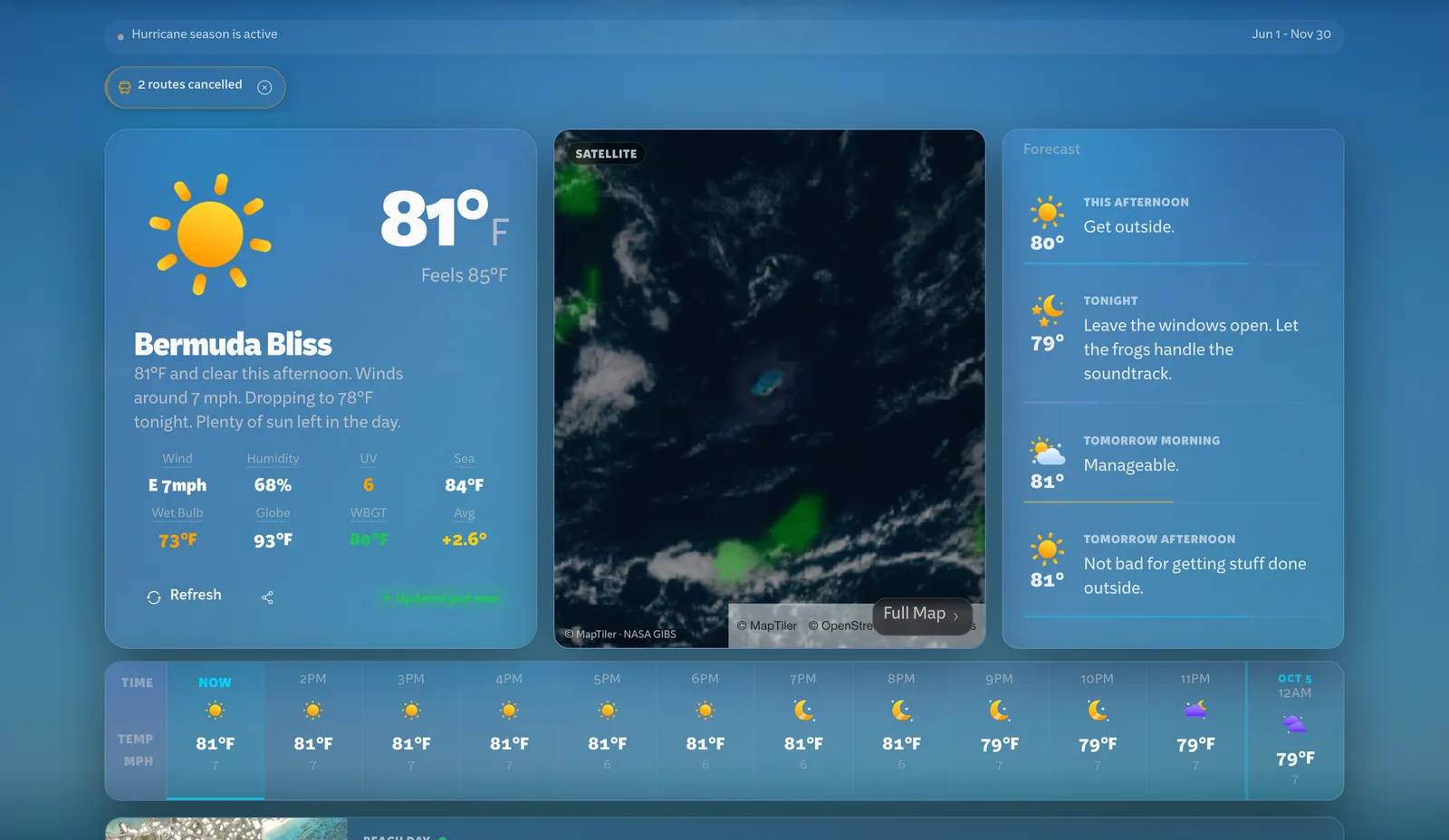 The Wopnin dashboard on 4 October 2026: 81 degrees and Bermuda Bliss, a satellite view, the afternoon and evening forecast in the Bermudian voice, and the hourly strip