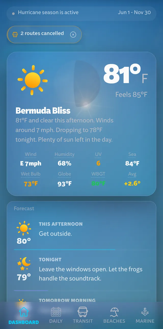 The same dashboard at phone width: Bermuda Bliss, 81 degrees, and the forecast below
