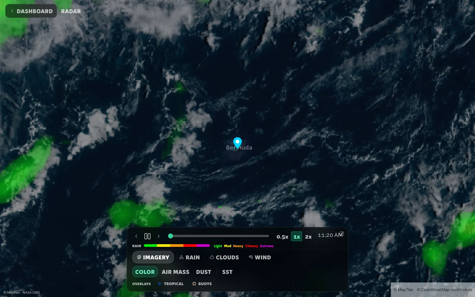 Radar over Bermuda with satellite imagery, rain and cloud layers and the playback controls
