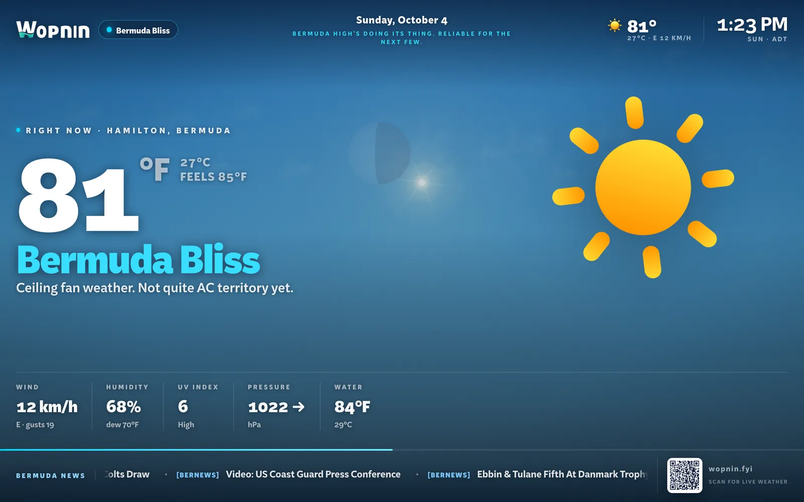 Wopnin's big-screen display: 81 degrees, Bermuda Bliss, ceiling fan weather, with wind, humidity, UV, pressure and water temperature along the bottom