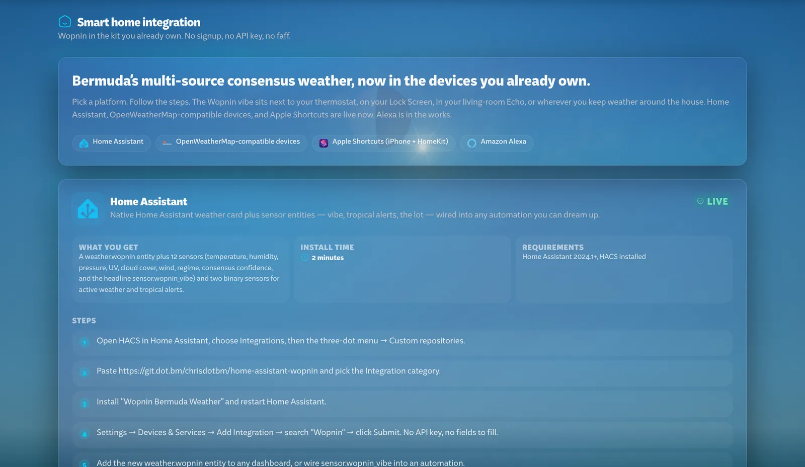 Wopnin's smart home page: Home Assistant, OpenWeatherMap-compatible devices, Apple Shortcuts and Amazon Alexa, with the Home Assistant install steps