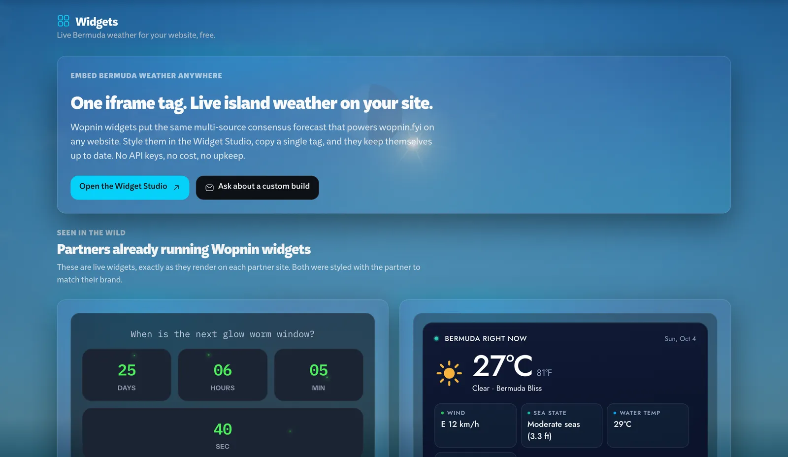 Widgets: one iframe tag for live island weather, and partner sites already running Wopnin widgets