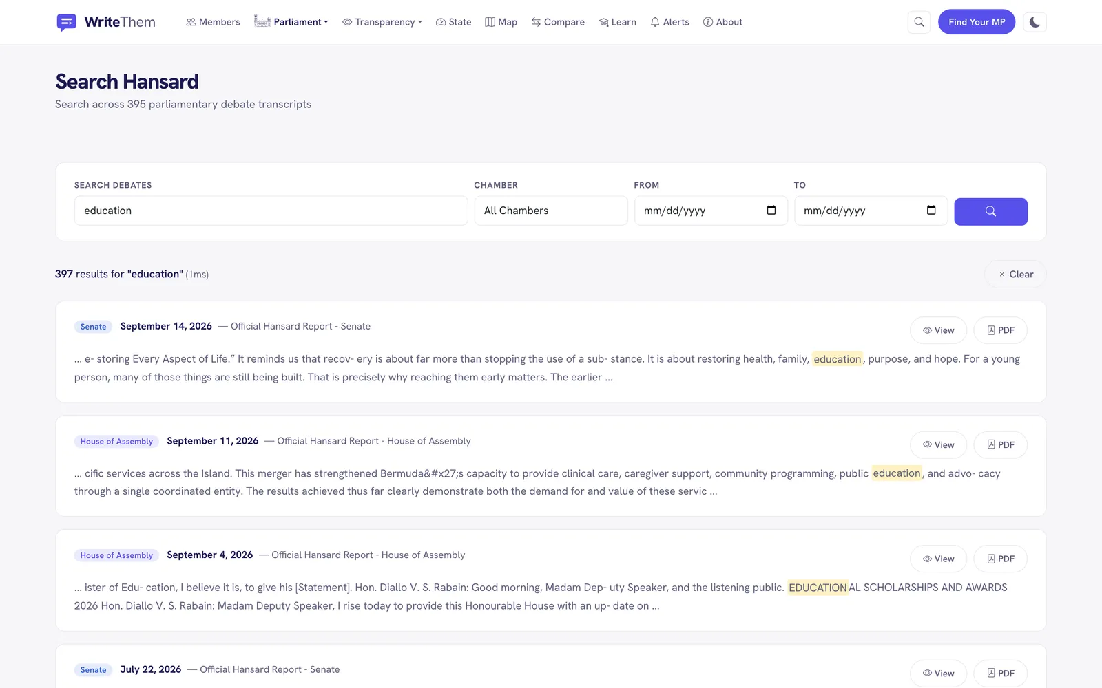 Search Hansard for education: 397 results across both chambers, each with the passage highlighted