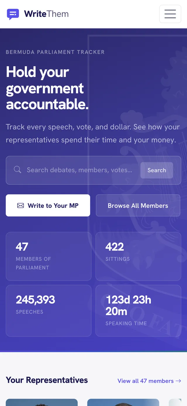 The writethem.bm home page on a phone: Hold your government accountable, with 47 members, 422 sittings and 245,393 speeches