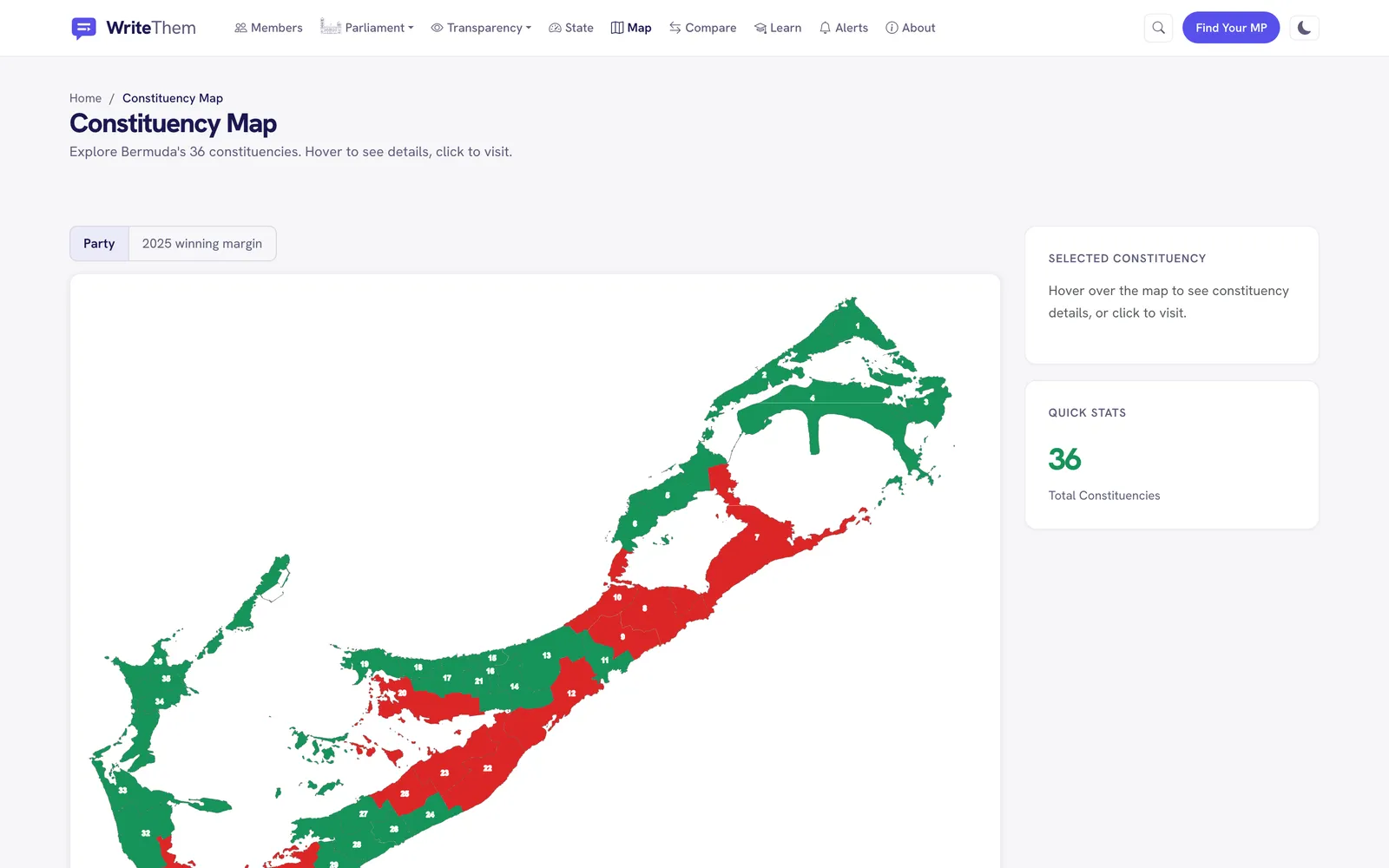 The constituency map on writethem.bm: Bermuda's 36 constituencies coloured by the party that holds each seat